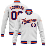 Custom White Royal-Orange Bomber Full-Snap Varsity Letterman Jacket