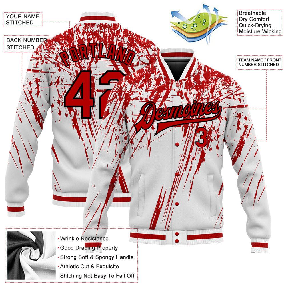 Custom White Red-Black 3D Pattern Design Bomber Full-Snap Varsity Letterman Jacket