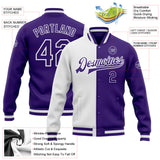 Custom White Purple Bomber Full-Snap Varsity Letterman Split Fashion Jacket