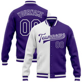 Custom White Purple Bomber Full-Snap Varsity Letterman Split Fashion Jacket