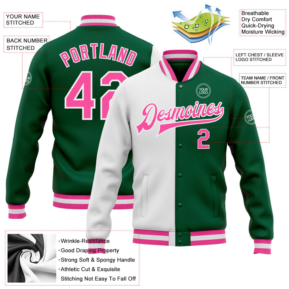 Custom Kelly Green Pink-White Bomber Full-Snap Varsity Letterman Split Fashion Jacket
