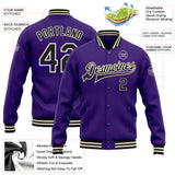 Custom Purple Black-Cream Bomber Full-Snap Varsity Letterman Jacket