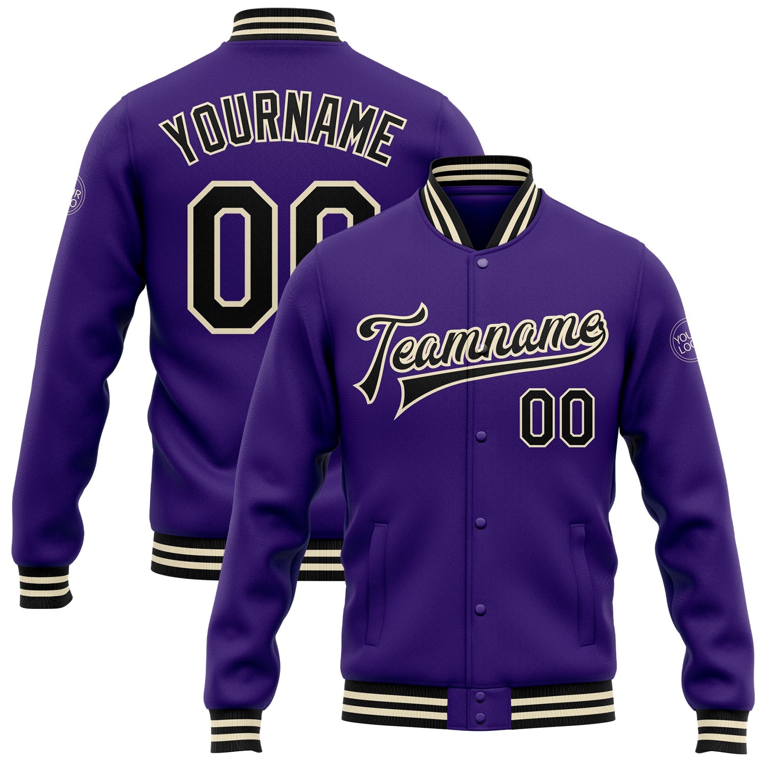 Custom Purple Black-Cream Bomber Full-Snap Varsity Letterman Jacket