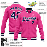 Custom Pink Navy-White Bomber Full-Snap Varsity Letterman Jacket