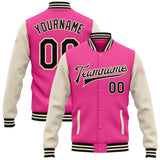 Custom Pink Black-Cream Bomber Full-Snap Varsity Letterman Two Tone Jacket