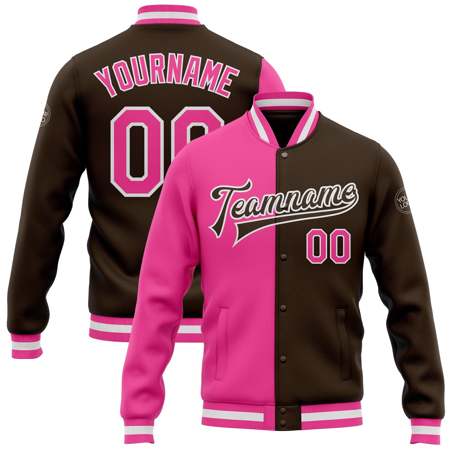 Custom Brown Pink-White Bomber Full-Snap Varsity Letterman Split Fashion Jacket