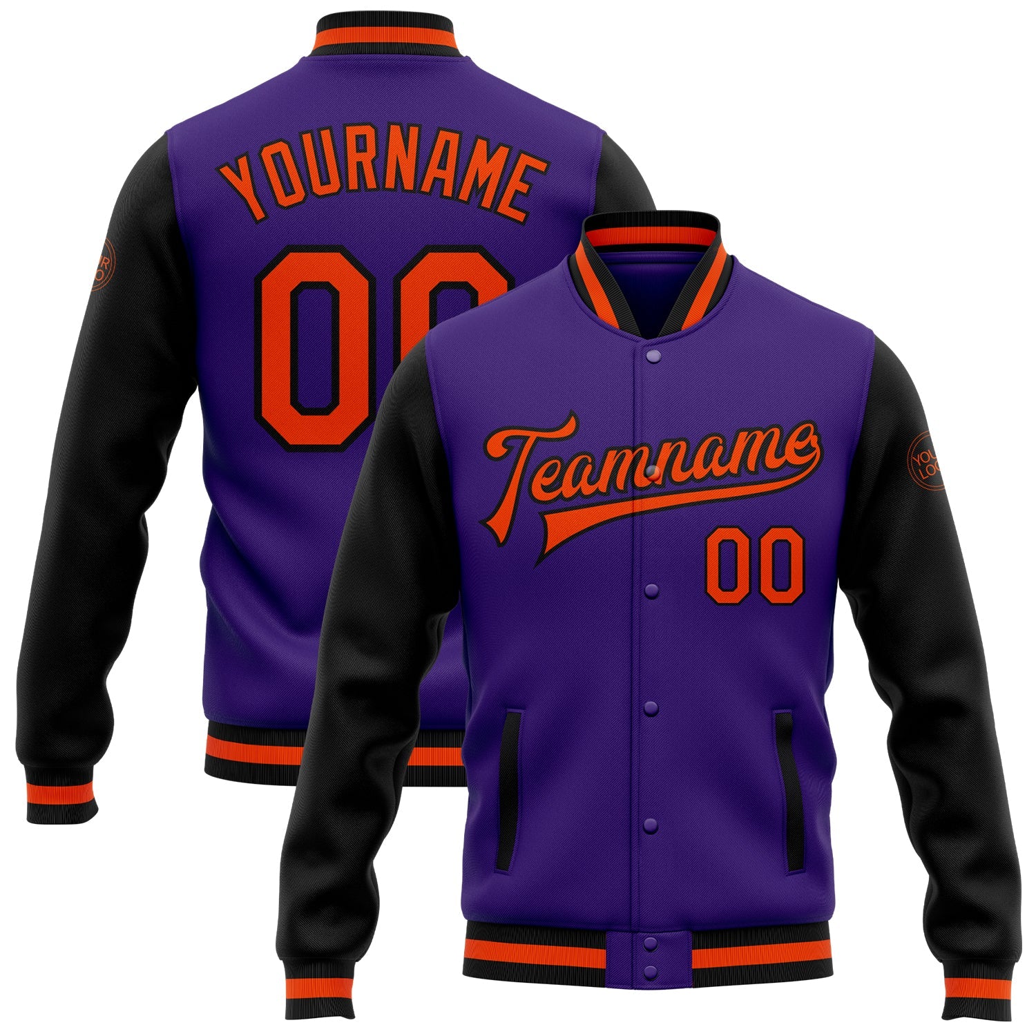 Custom Purple Orange-Black Bomber Full-Snap Varsity Letterman Two Tone Jacket