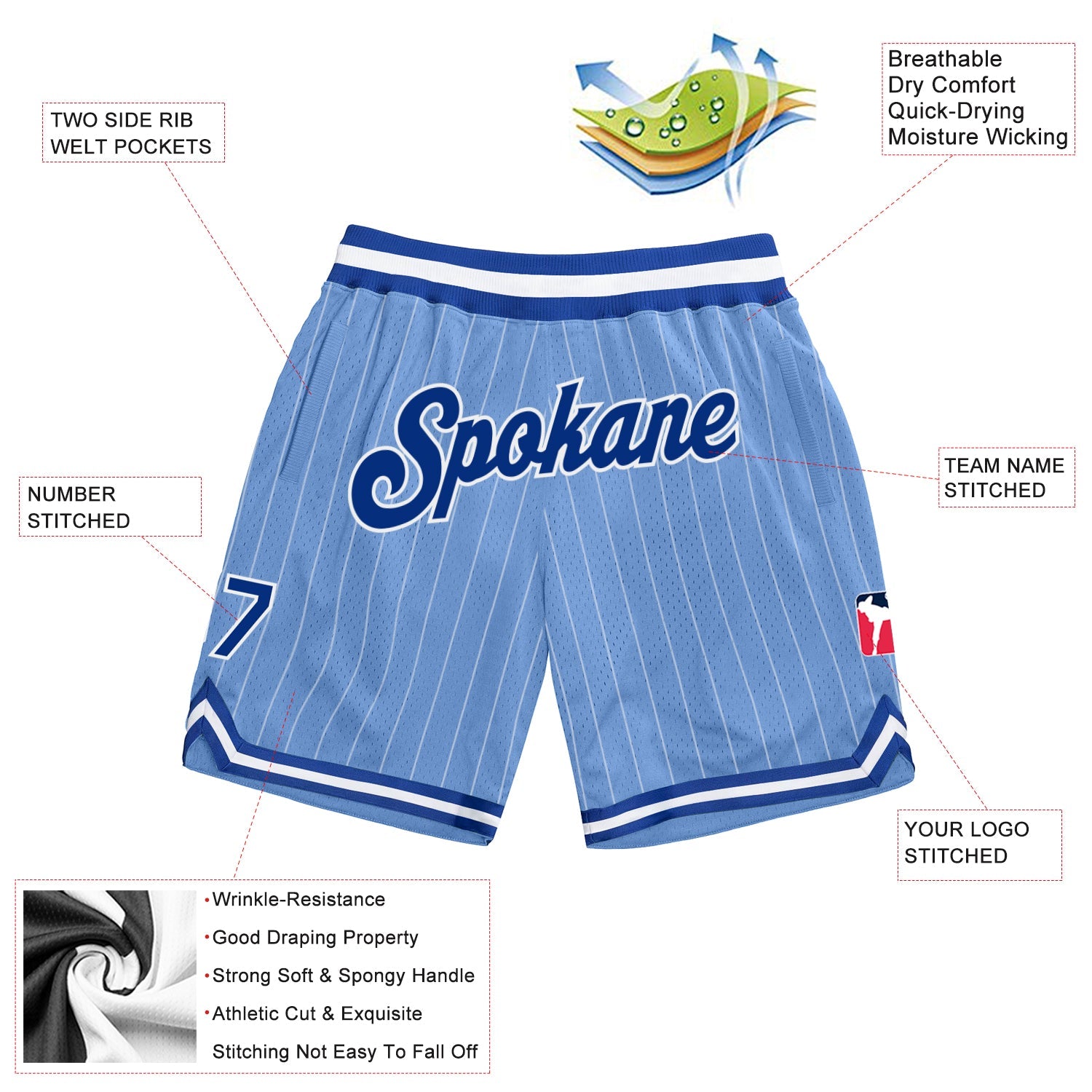 Custom Light Blue White Pinstripe Royal-White Authentic Basketball Shorts