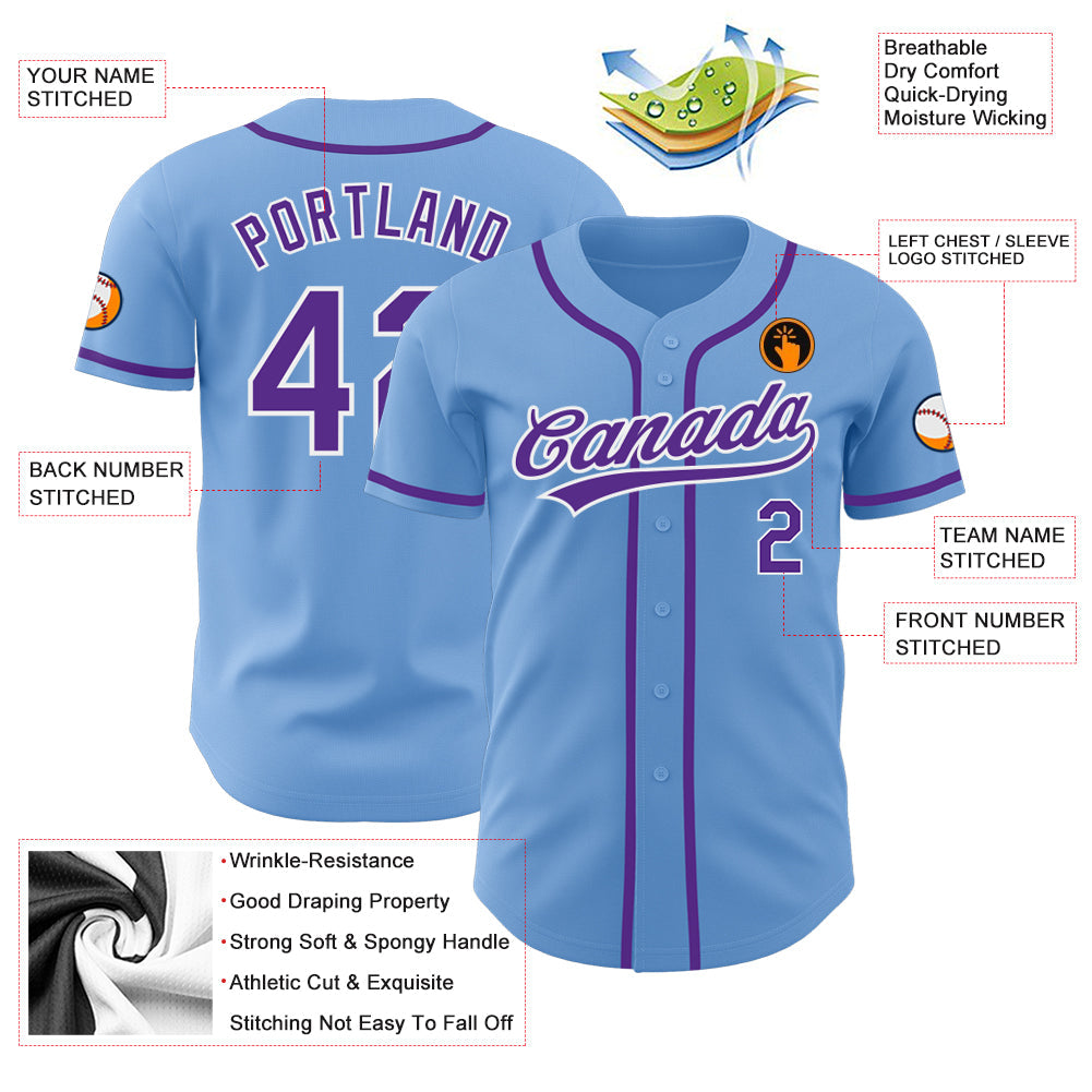 Custom Light Blue Purple-White Authentic Baseball Jersey