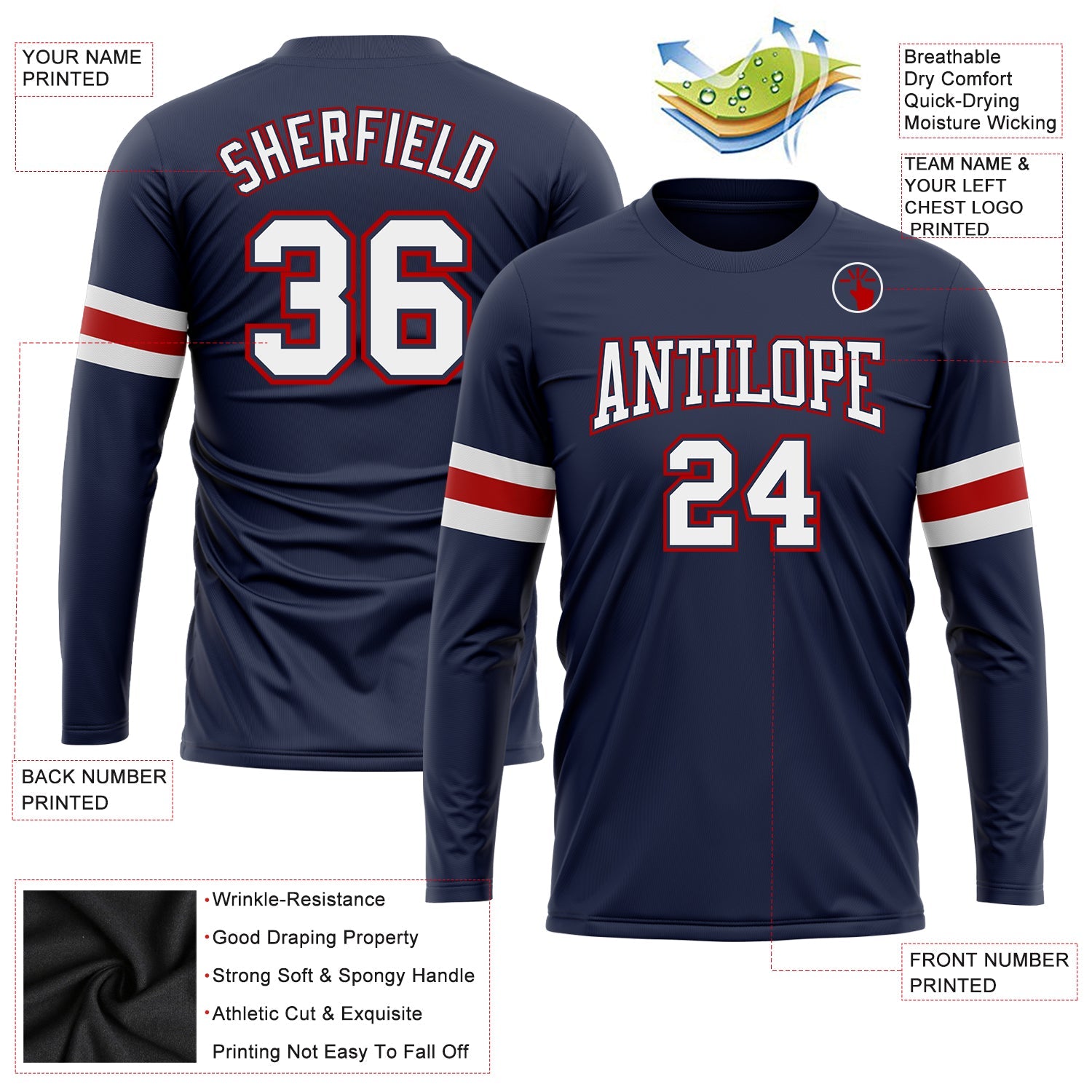 Custom Navy White-Red Long Sleeve Performance Salute To Service T-Shirt
