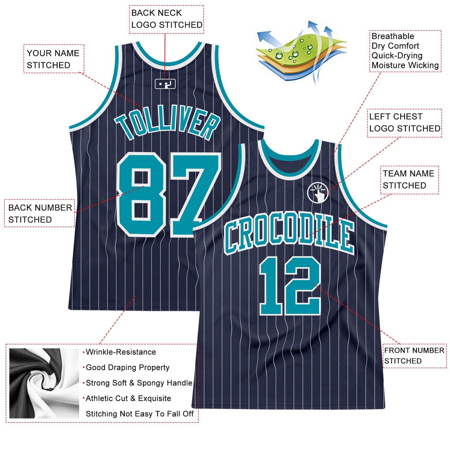 Custom Navy White Pinstripe Teal Authentic Basketball Jersey
