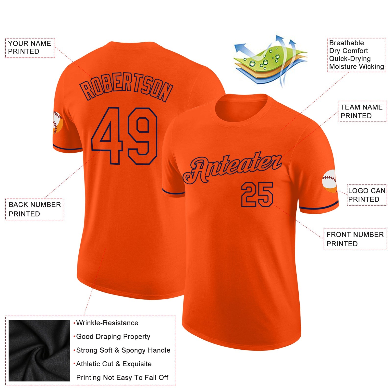 Custom Orange Orange-Navy Performance T-Shirt