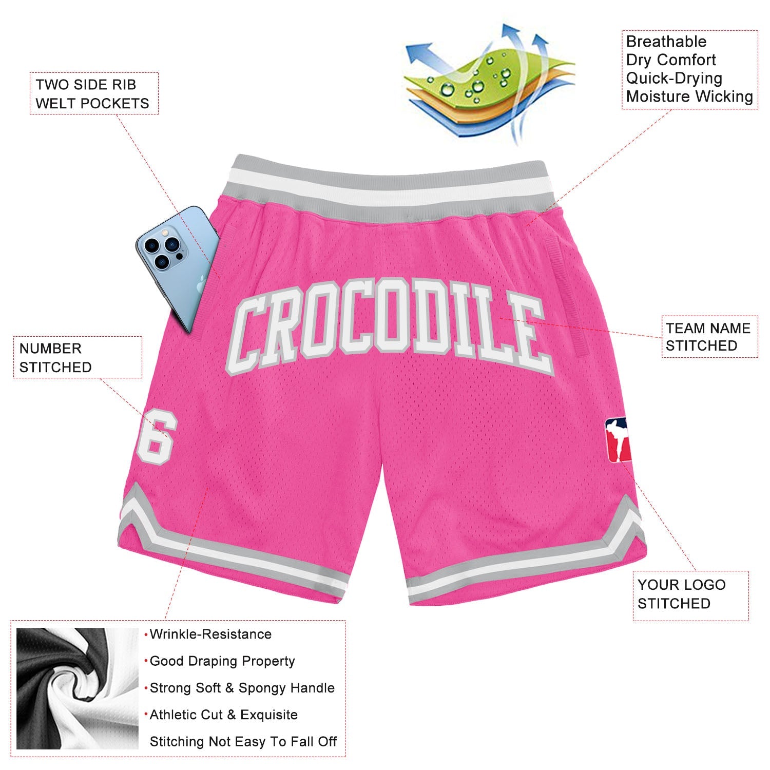 Custom Pink White-Gray Authentic Throwback Basketball Shorts