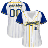 Custom White Royal Pinstripe Royal-Gold Authentic Raglan Sleeves Baseball Jersey