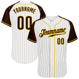 Custom White Brown Pinstripe Brown-Gold Authentic Raglan Sleeves Baseball Jersey