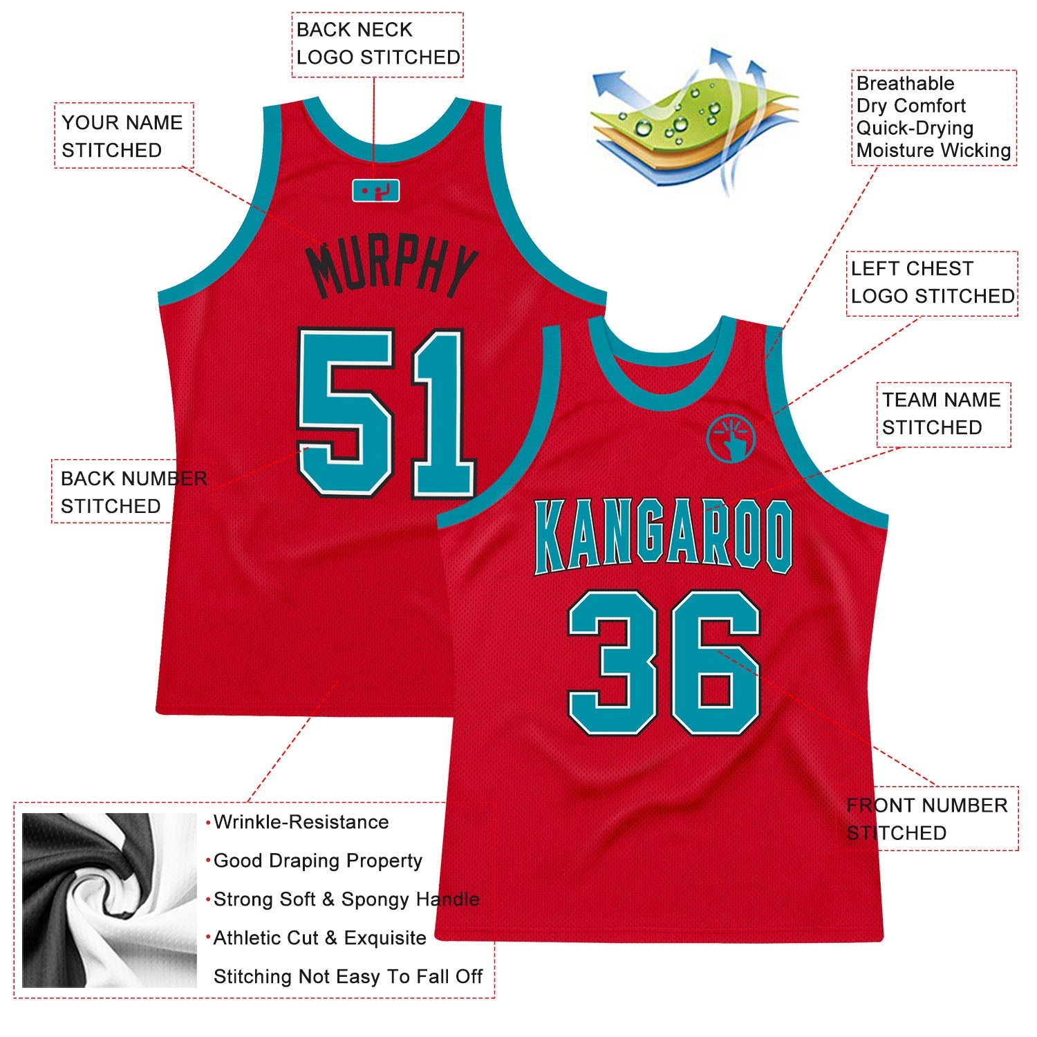 Custom Red Teal-Black Authentic Throwback Basketball Jersey