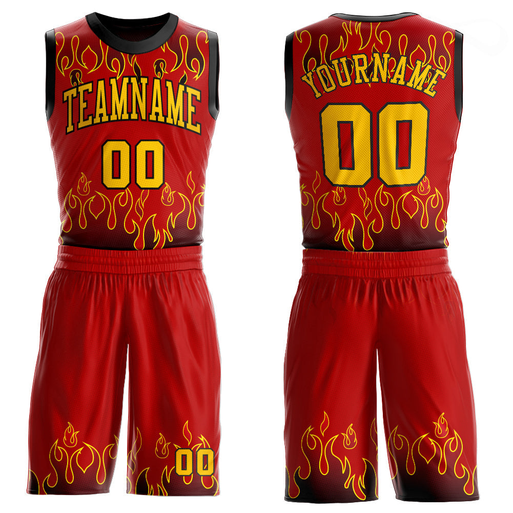 Custom Red Gold-Black Flame Round Neck Sublimation Basketball Suit Jersey