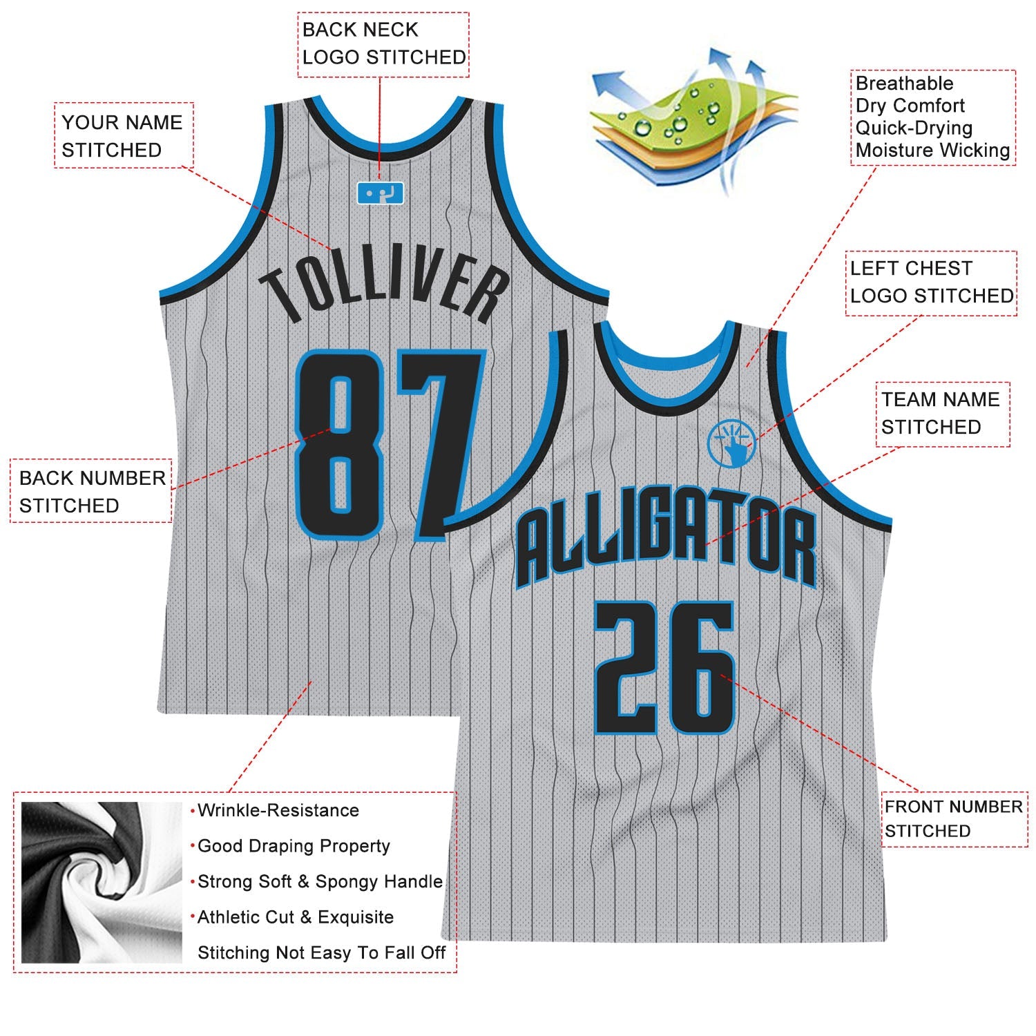 Custom Gray Black Pinstripe Black-Blue Authentic Basketball Jersey