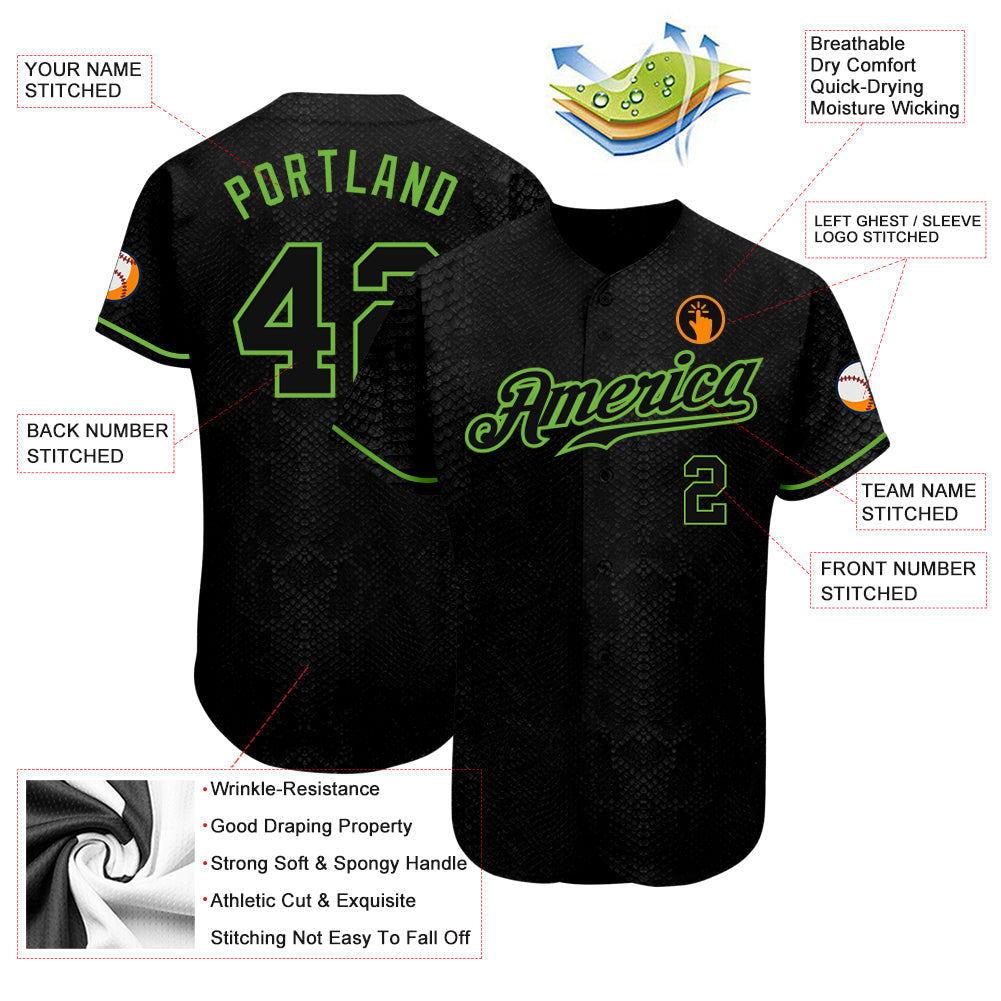 Custom Black Snakeskin Black-Neon Green Authentic Baseball Jersey