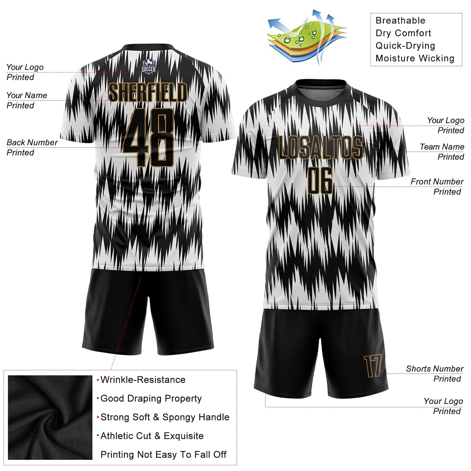 Custom Old Gold Black Sublimation Soccer Uniform Jersey