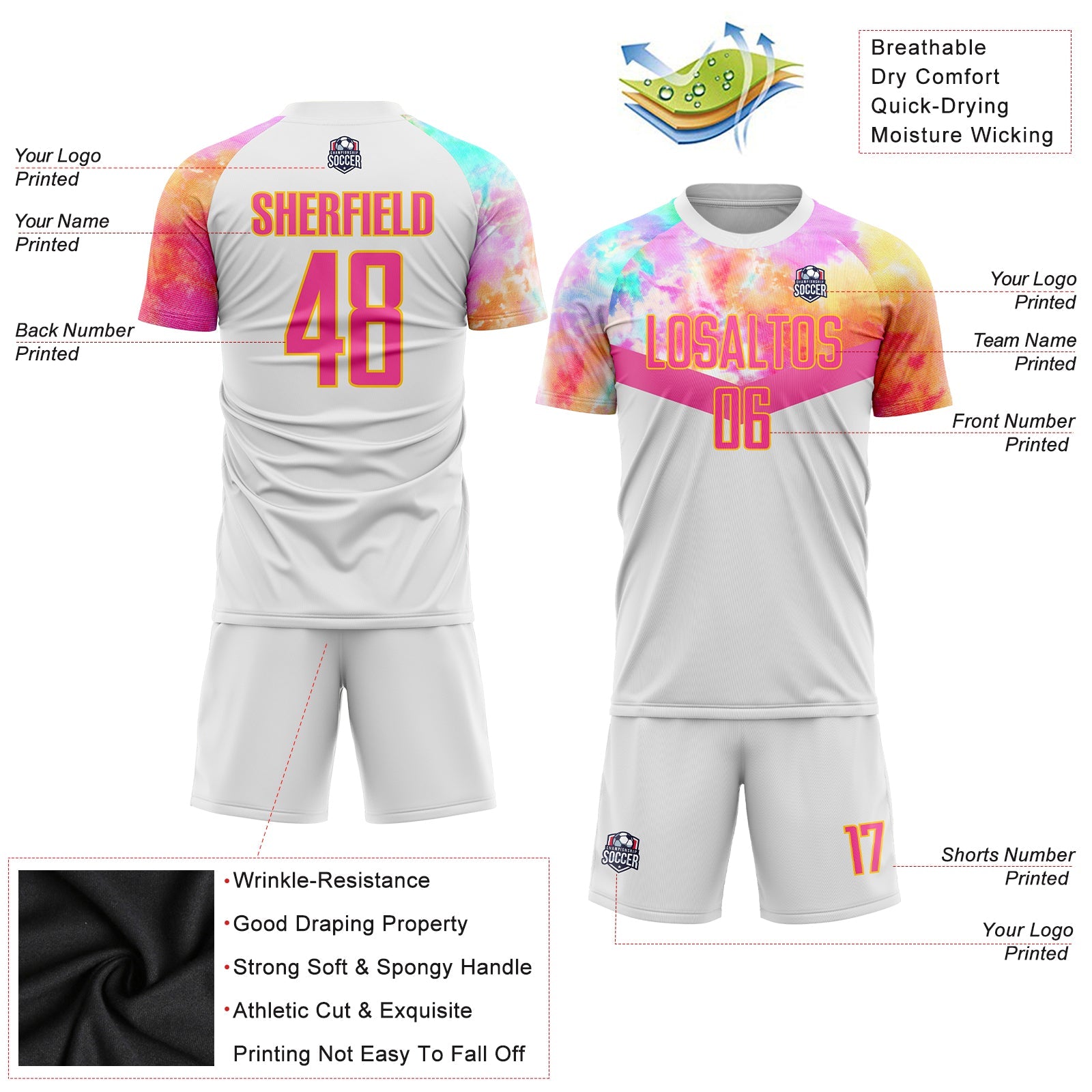 Custom White Pink-Gold Sublimation Soccer Uniform Jersey