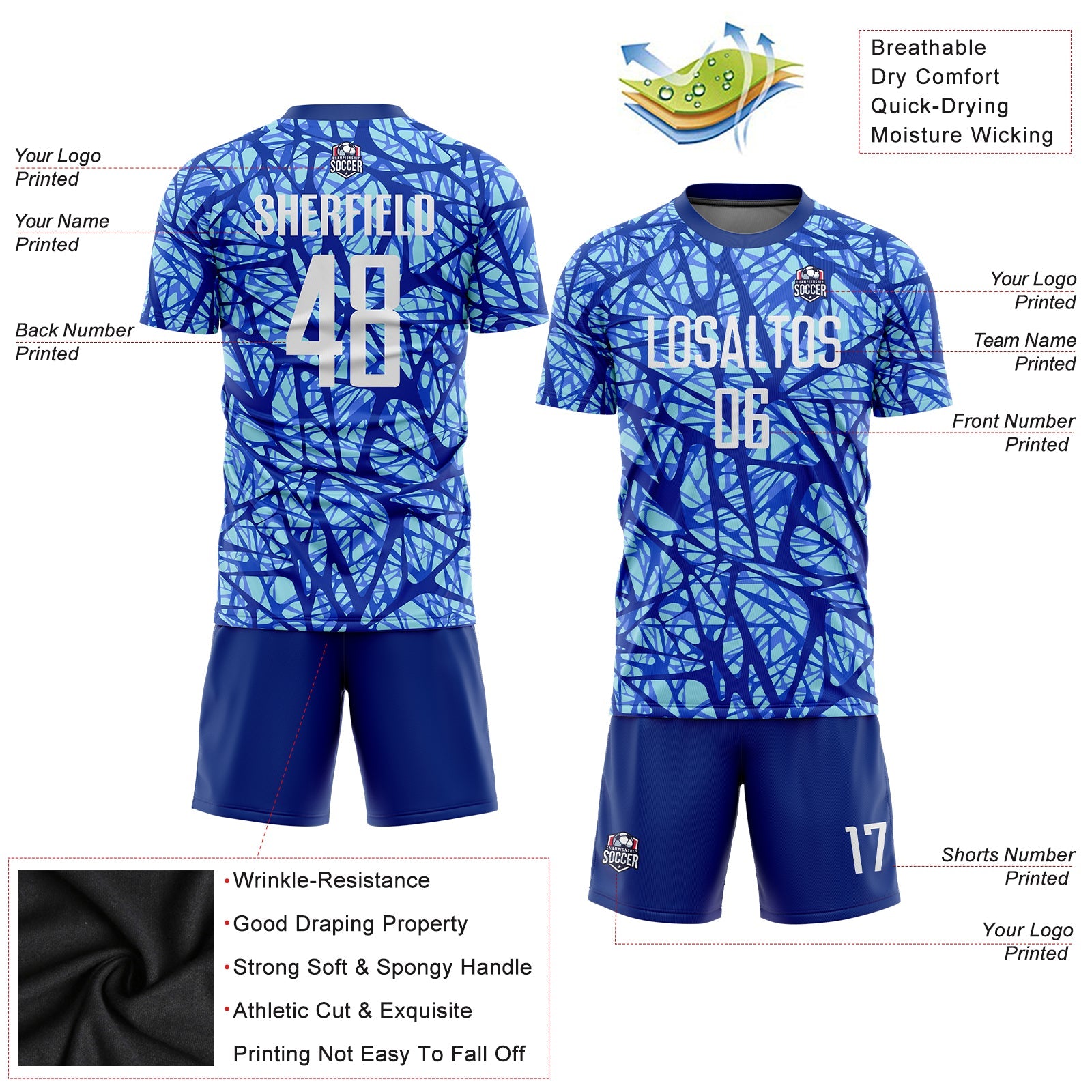 Custom Royal White-Light Blue Sublimation Soccer Uniform Jersey