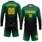 Custom Kelly Green Gold-Black Sublimation Long Sleeve Fade Fashion Soccer Uniform Jersey