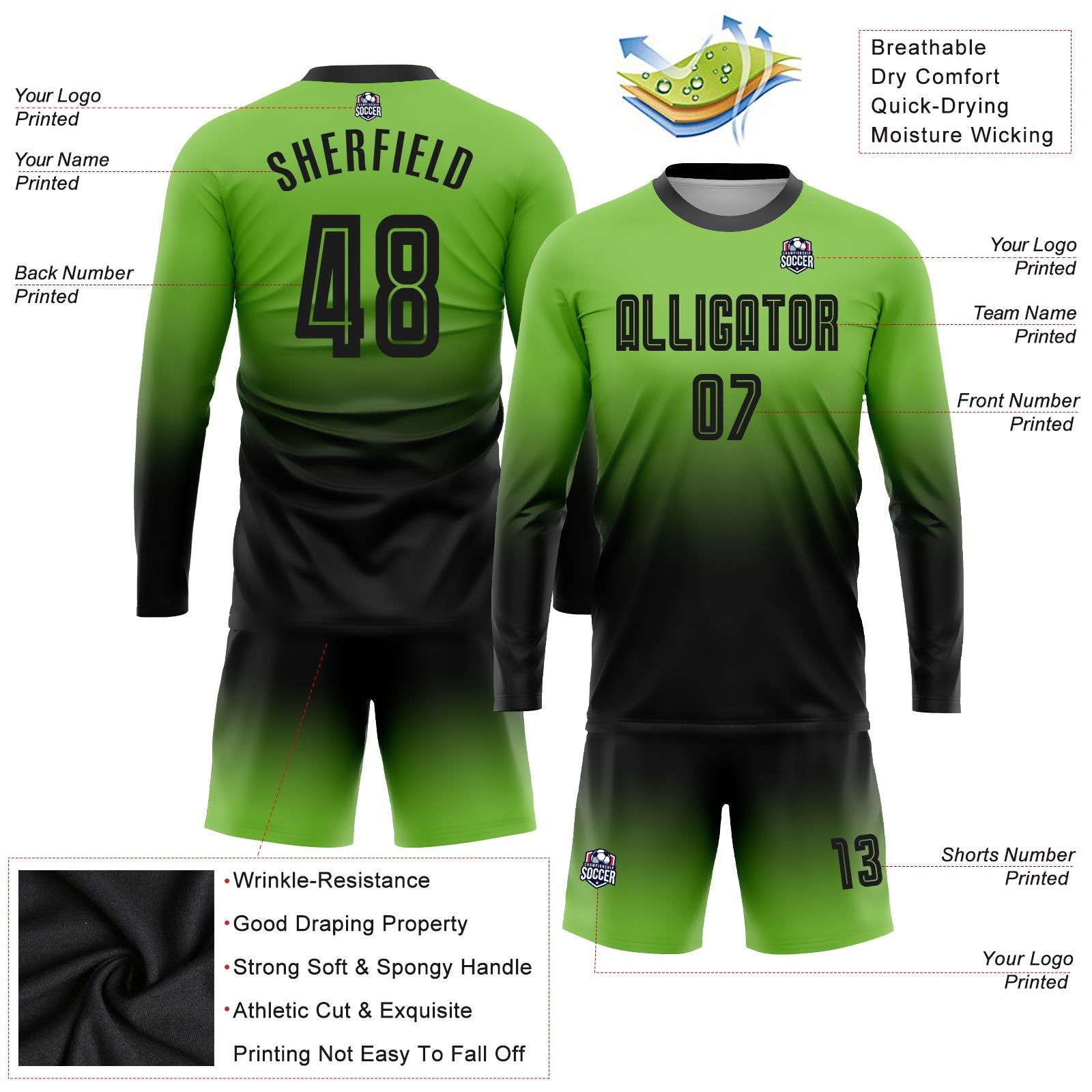 Custom Neon Green Black Sublimation Long Sleeve Fade Fashion Soccer Uniform Jersey