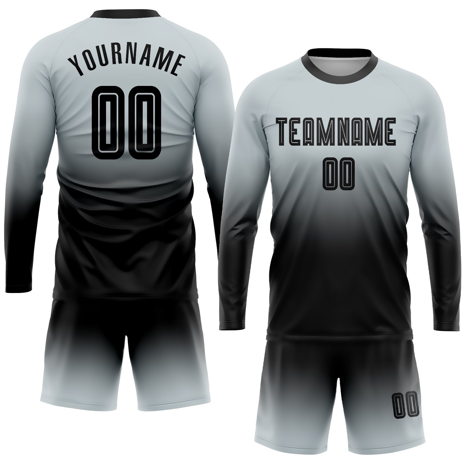 Custom Silver Black Sublimation Long Sleeve Fade Fashion Soccer Uniform Jersey