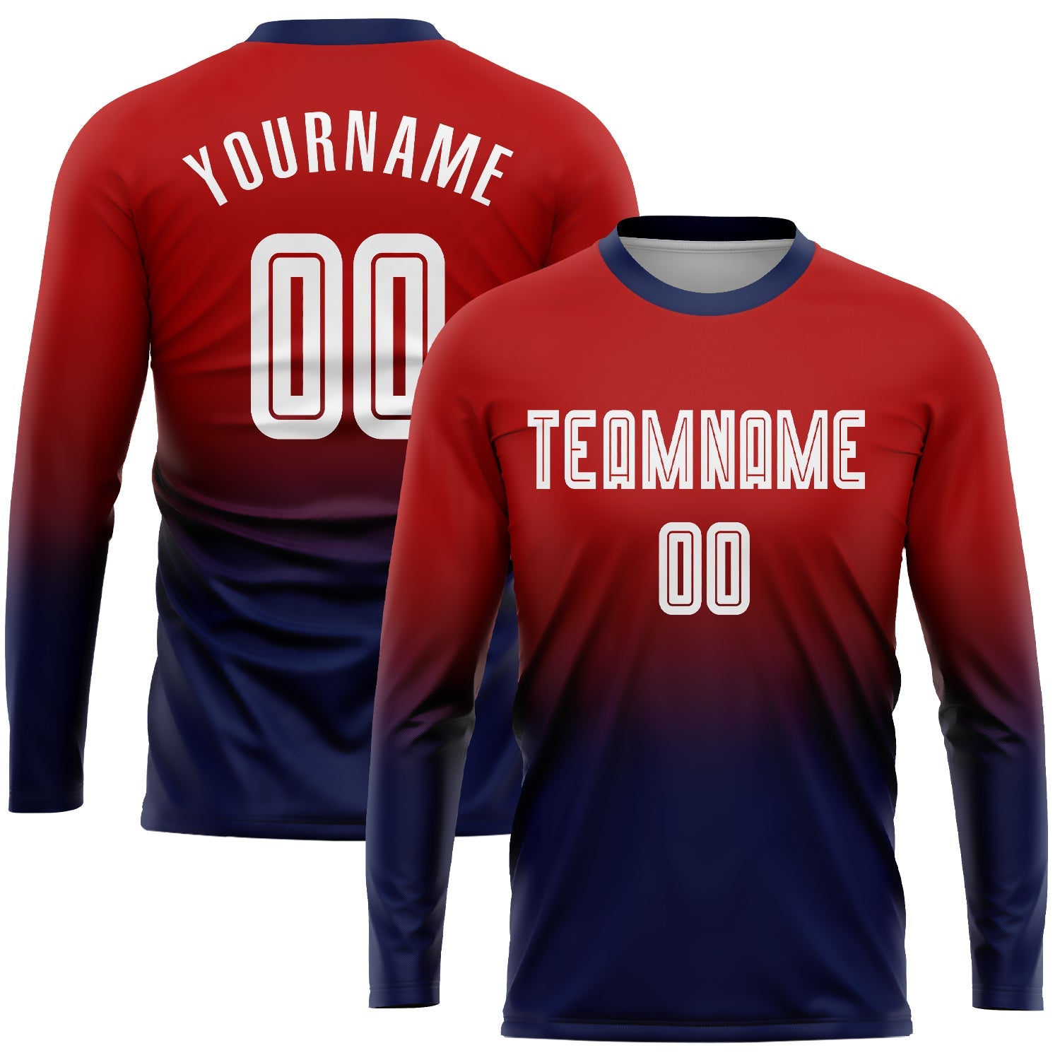 Custom Red White-Navy Sublimation Long Sleeve Fade Fashion Soccer Uniform Jersey