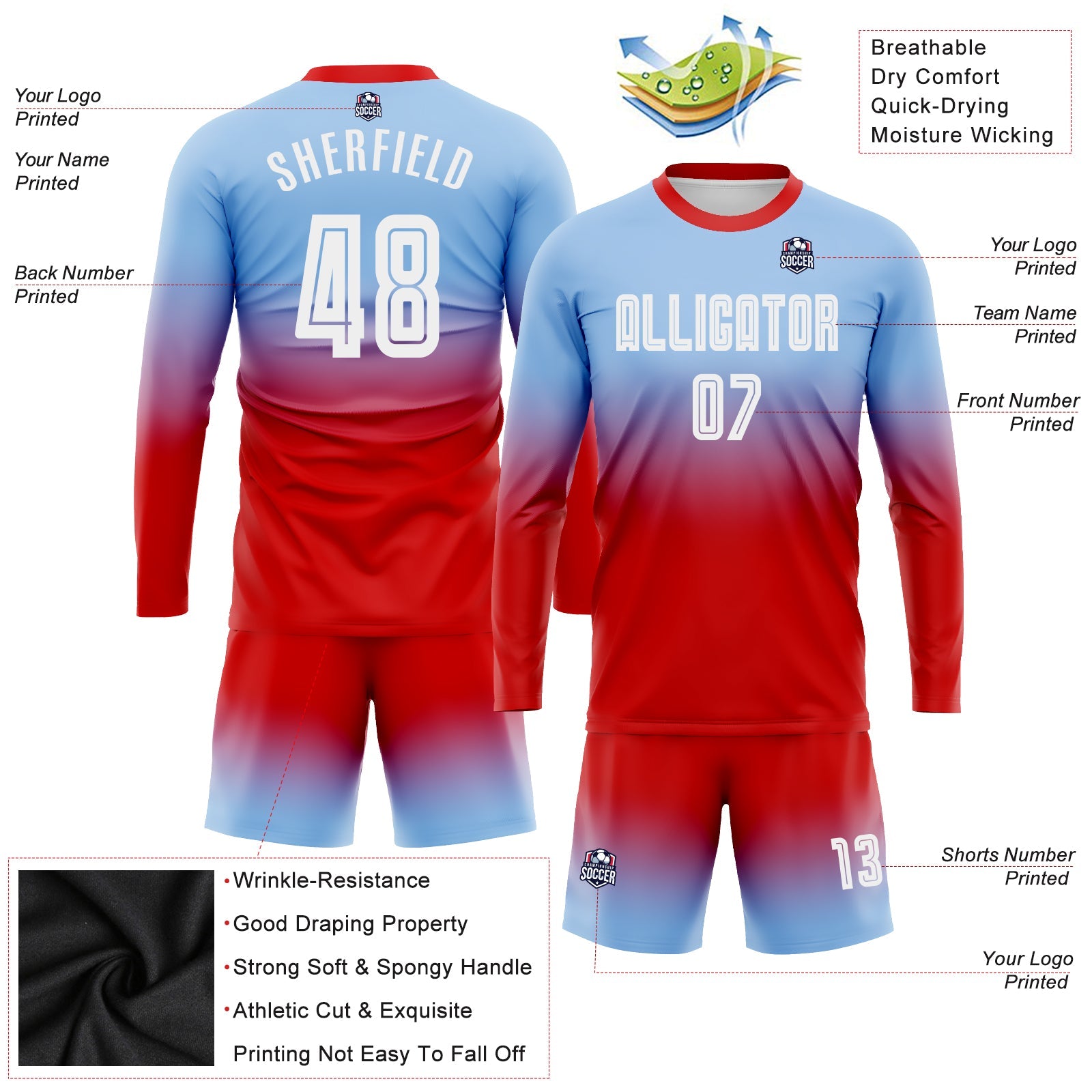 Custom Light Blue White-Red Sublimation Long Sleeve Fade Fashion Soccer Uniform Jersey
