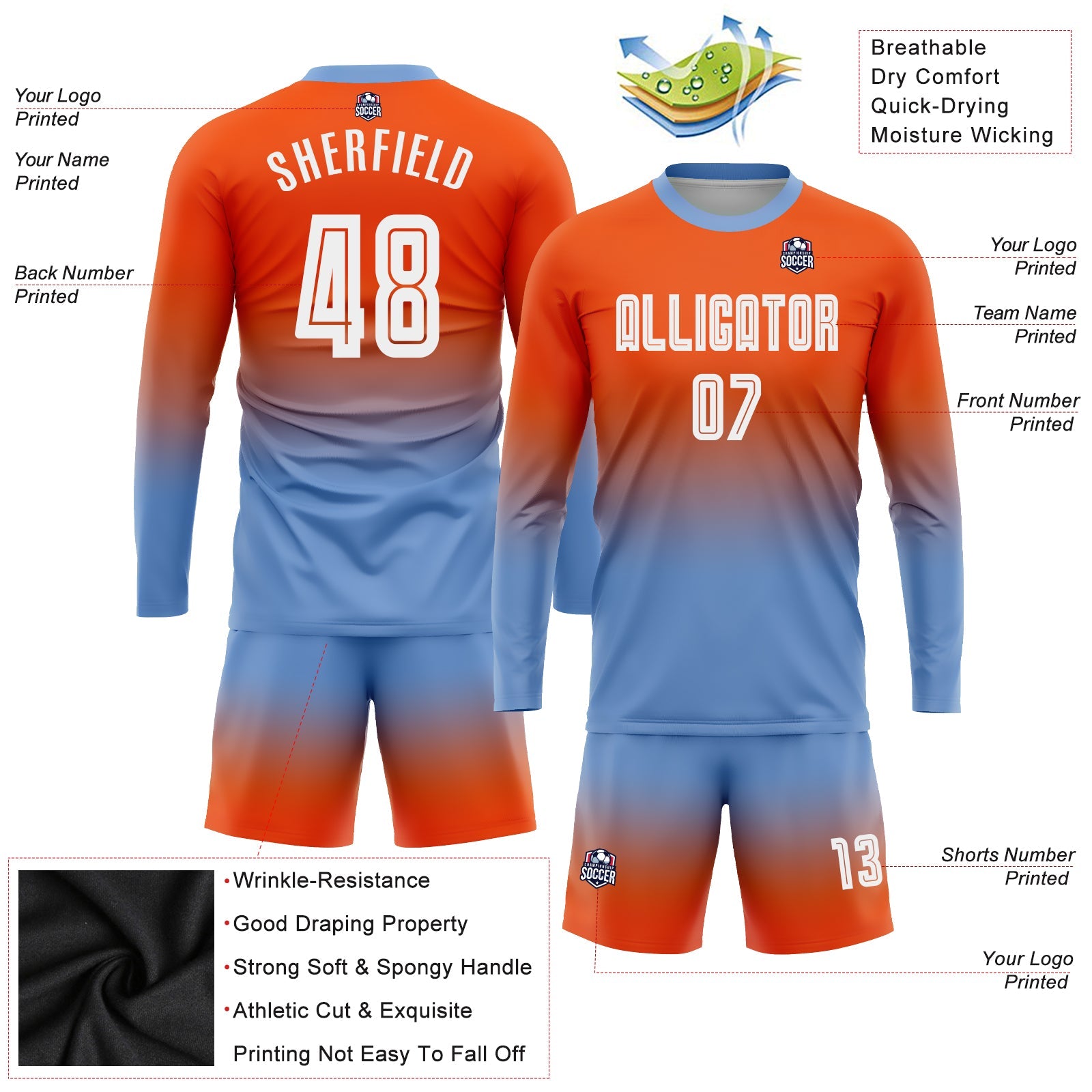 Custom Orange White-Light Blue Sublimation Long Sleeve Fade Fashion Soccer Uniform Jersey