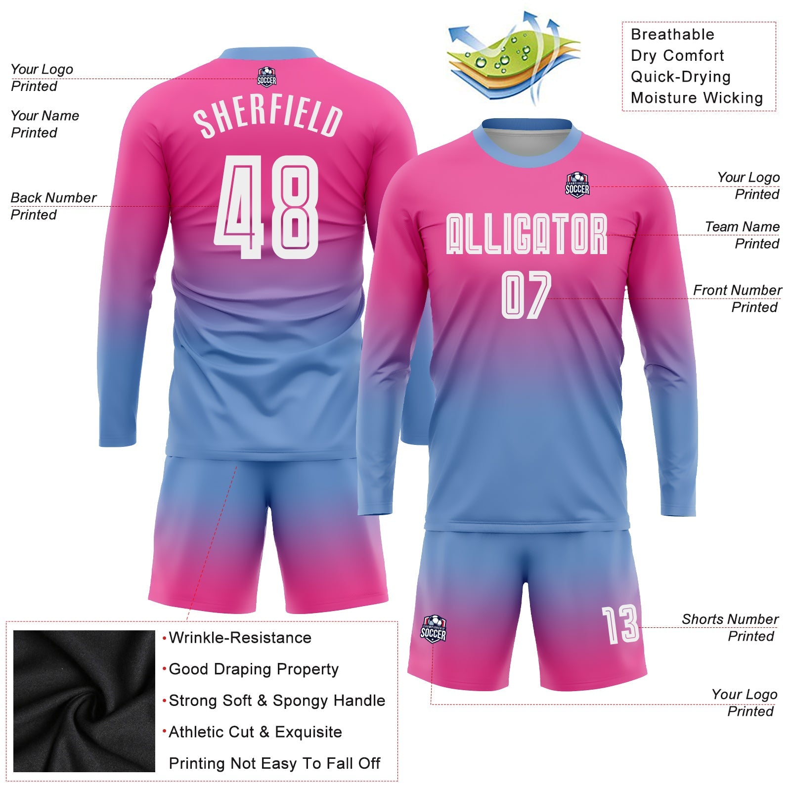 Custom Pink White-Light Blue Sublimation Long Sleeve Fade Fashion Soccer Uniform Jersey