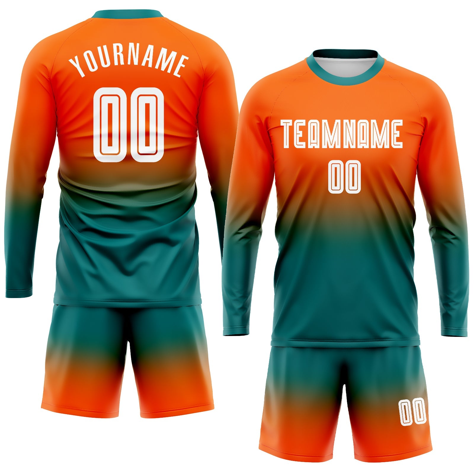 Custom Orange White-Teal  Sublimation Long Sleeve Fade Fashion Soccer Uniform Jersey