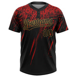 Custom Black Black Red-Old Gold Two-Button Unisex Softball Jersey