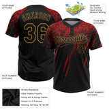 Custom Black Black Red-Old Gold Two-Button Unisex Softball Jersey