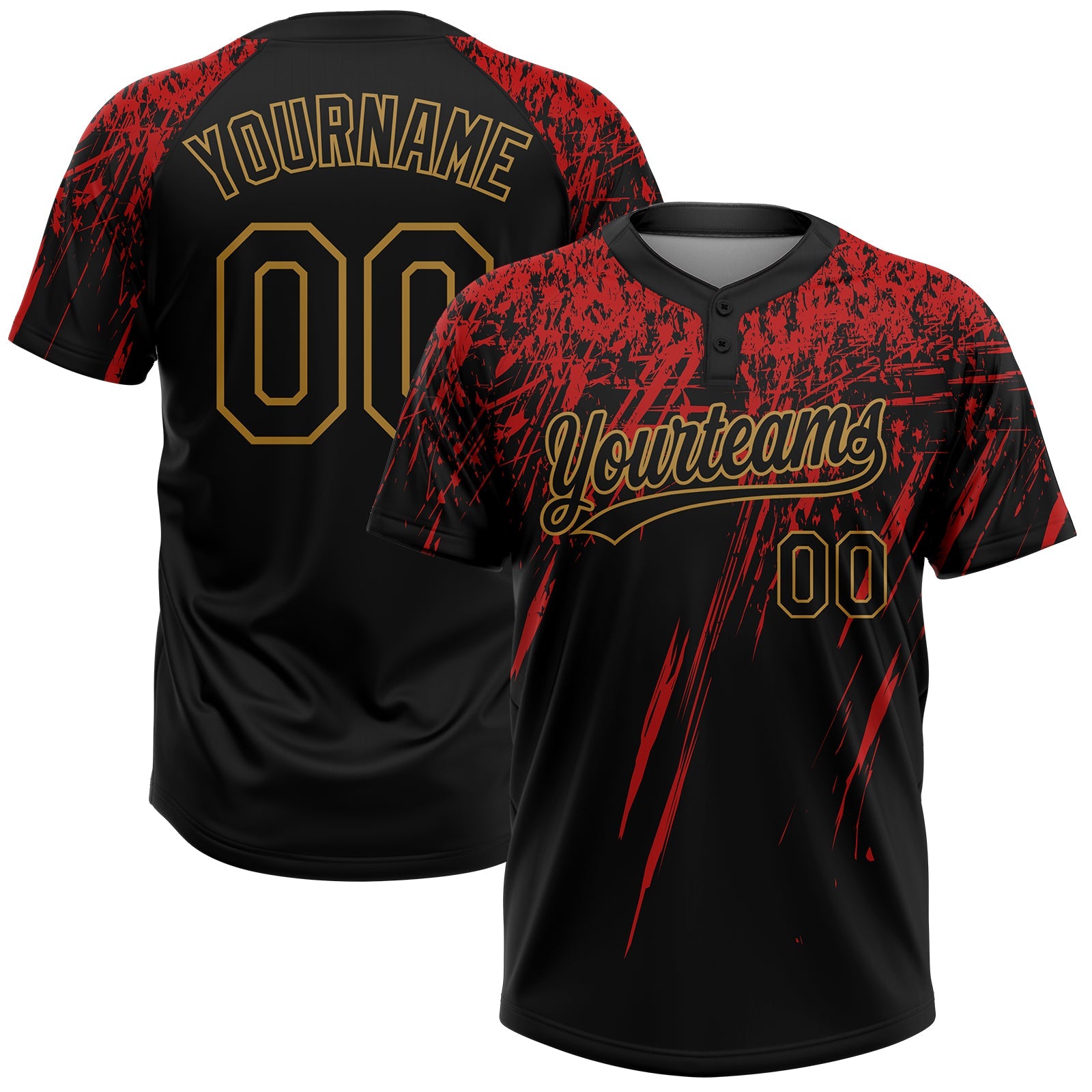 Custom Black Black Red-Old Gold Two-Button Unisex Softball Jersey