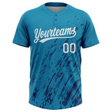 Custom Teal White-Royal Flame Two-Button Unisex Softball Jersey