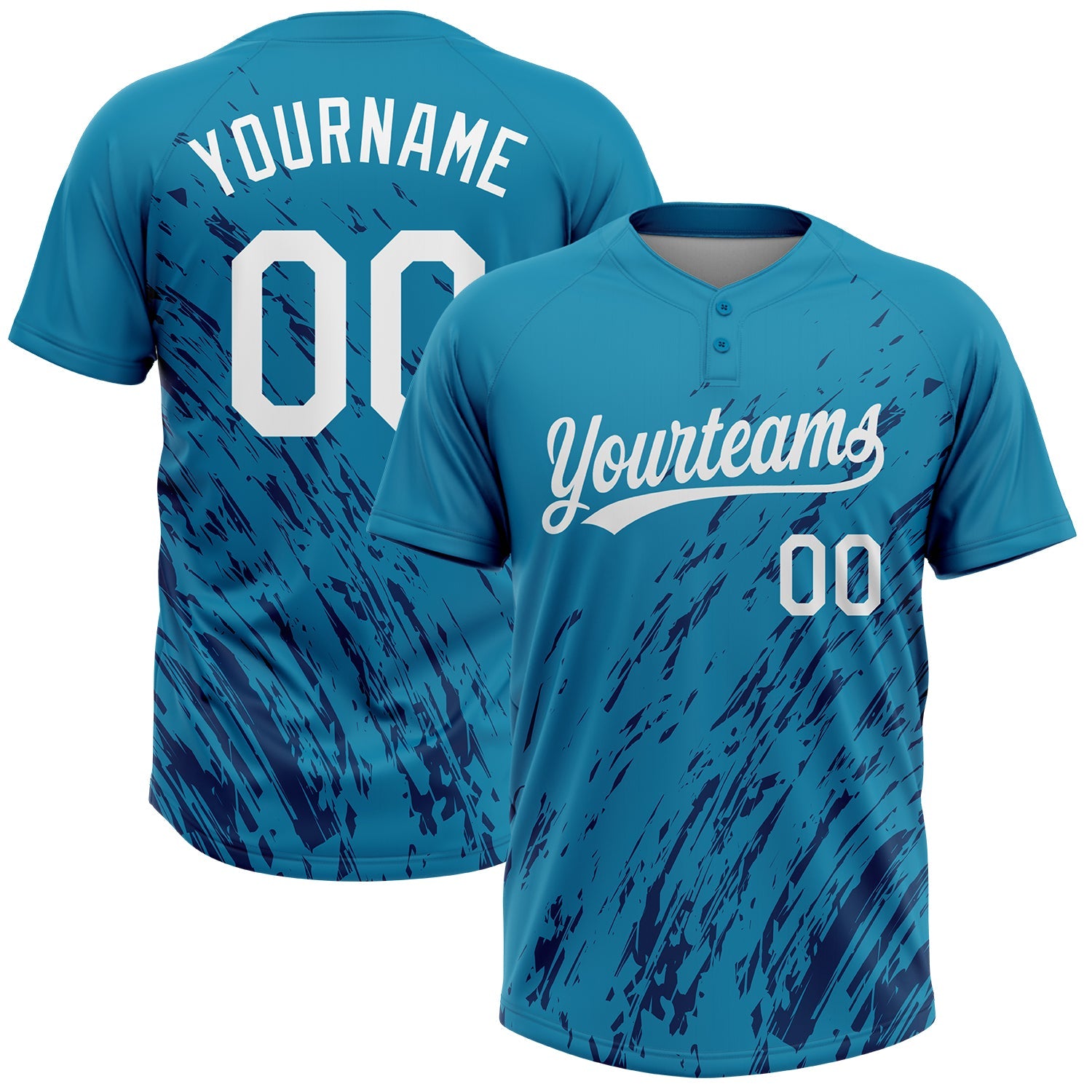 Custom Teal White-Royal Flame Two-Button Unisex Softball Jersey