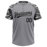 Custom Gray Black-Camo Two-Button Unisex Softball Jersey