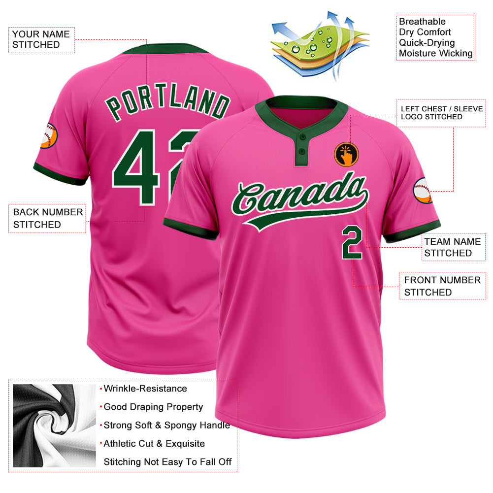 Custom Pink Green-White Two-Button Unisex Softball Jersey