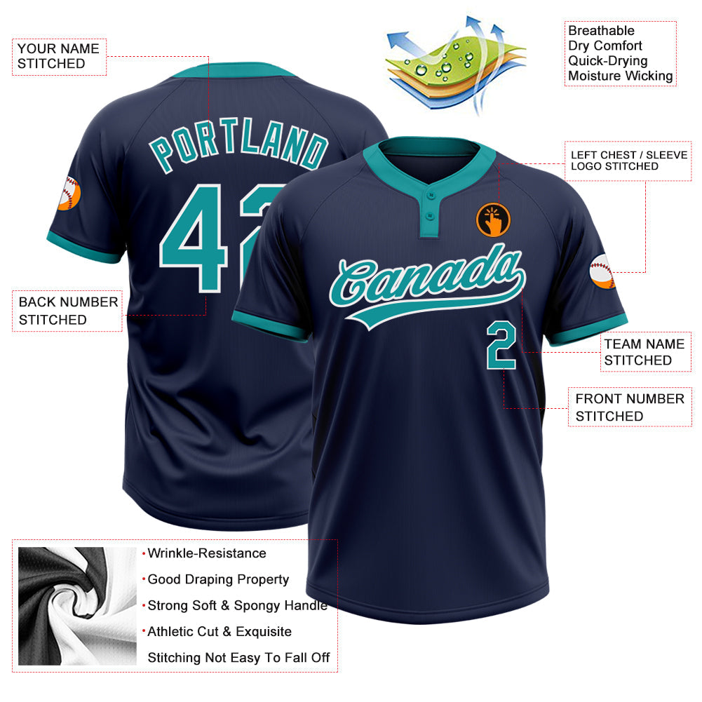 Custom Navy Teal-White Two-Button Unisex Softball Jersey