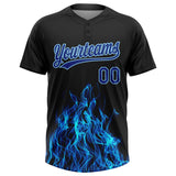 Custom Black Royal-Light Blue Flame Two-Button Unisex Softball Jersey