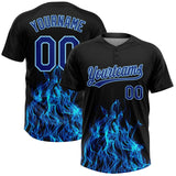 Custom Black Royal-Light Blue Flame Two-Button Unisex Softball Jersey