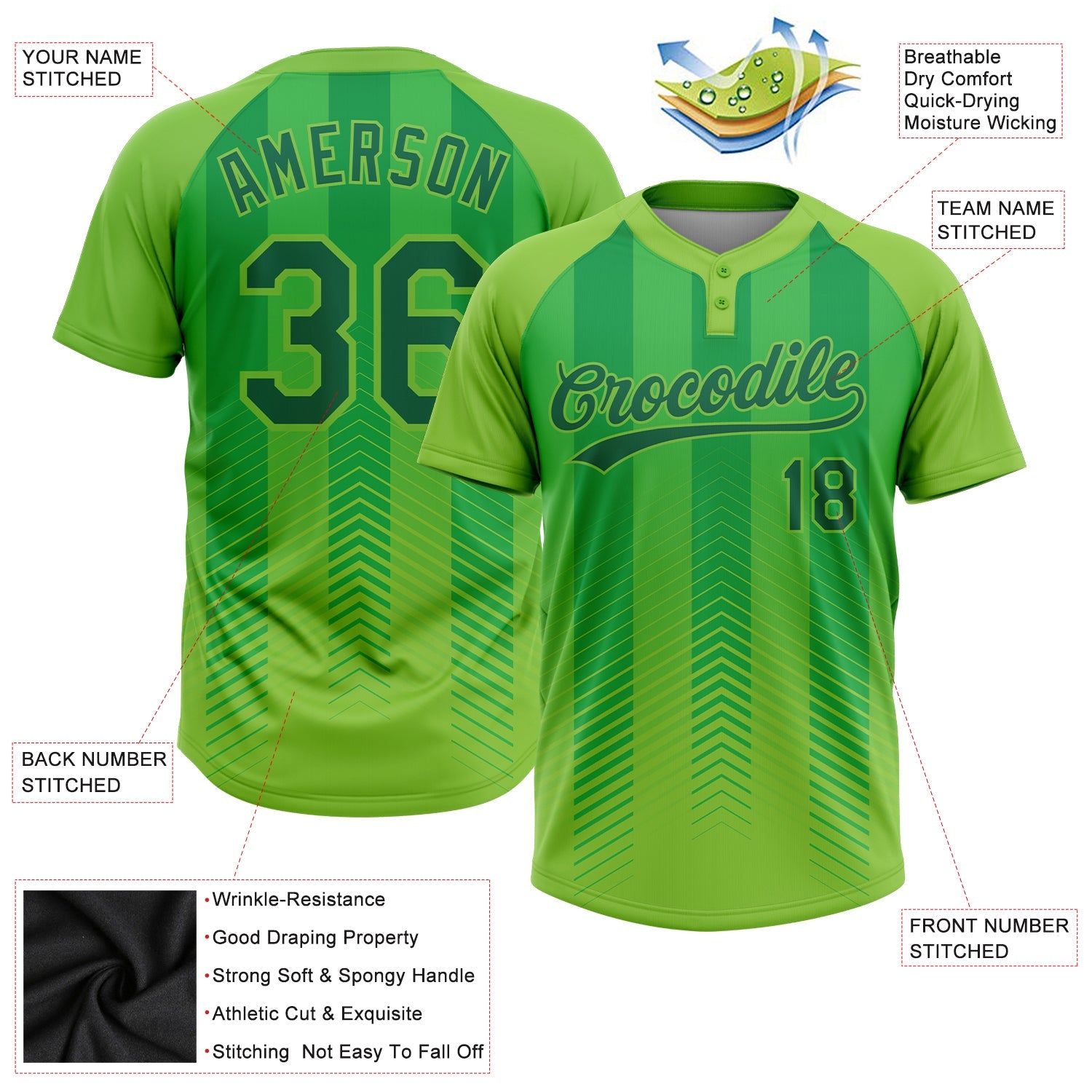 Custom Neon Green Kelly Green Two-Button Unisex Softball Jersey