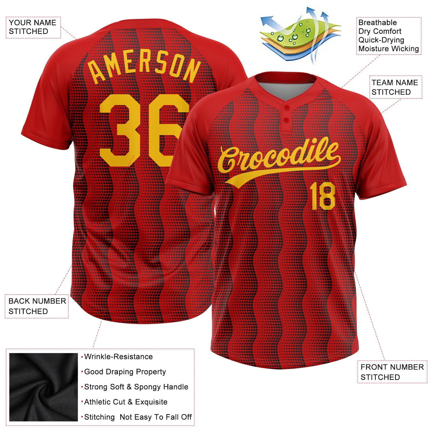 Custom Red Gold-Black Two-Button Unisex Softball Jersey