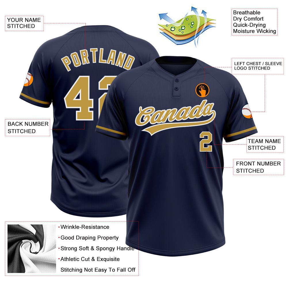 Custom Navy Old Gold-White Two-Button Unisex Softball Jersey