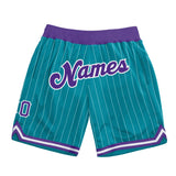 Custom Teal White Pinstripe Purple-White Authentic Basketball Shorts