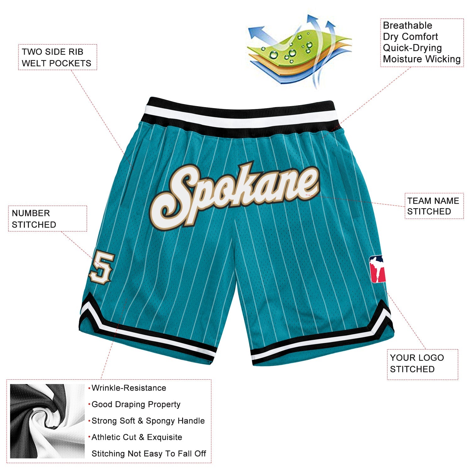 Custom Teal White Pinstripe White-Old Gold Authentic Basketball Shorts