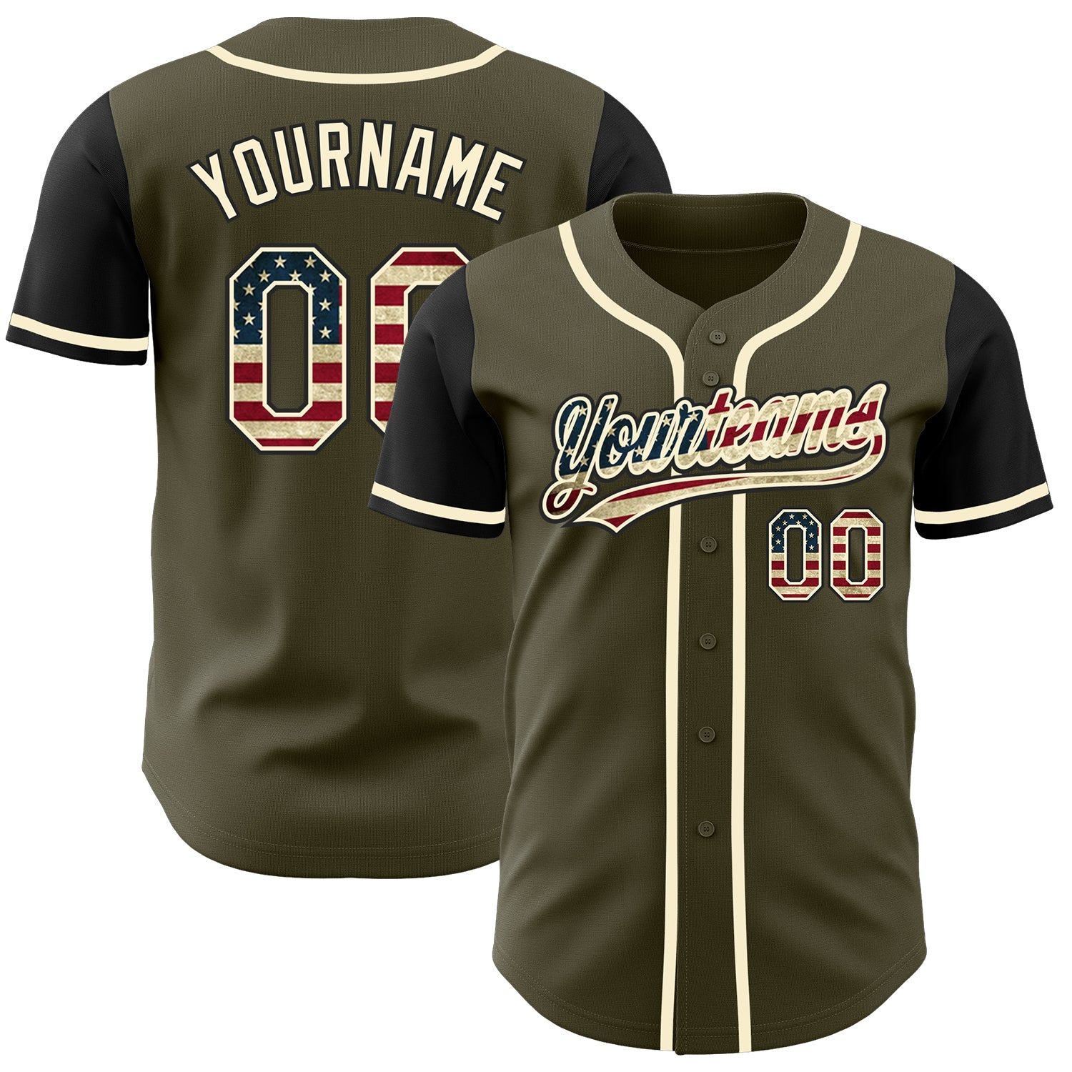 Custom Olive Vintage USA Flag Black-Cream Authentic Salute To Service Two Tone Baseball Jersey